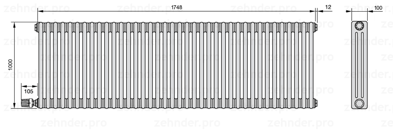 Схема (чертеж) Радиатор Zehnder Charleston 3100/38 №V003 Белый глянцевый RAL 9016